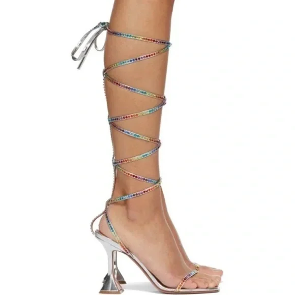 New Amina Muaddi x AWGE Rainbow Crystal LSD WrapAround Gladiator Sandals Heels